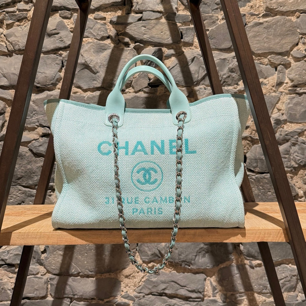 Chanel Turquoise Woven Straw Large Deauville Shopping Tote Bag