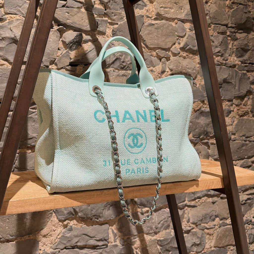 Chanel Turquoise Woven Straw Large Deauville Shopping Tote Bag