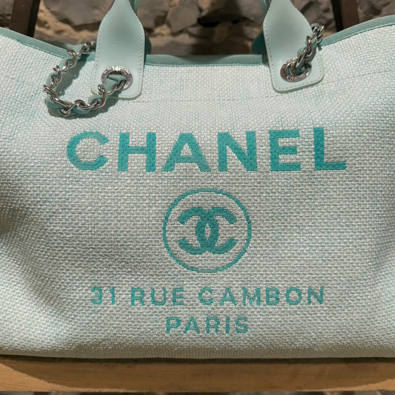 Chanel Turquoise Woven Straw Large Deauville Shopping Tote Bag