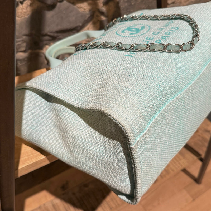 Chanel Turquoise Woven Straw Large Deauville Shopping Tote Bag