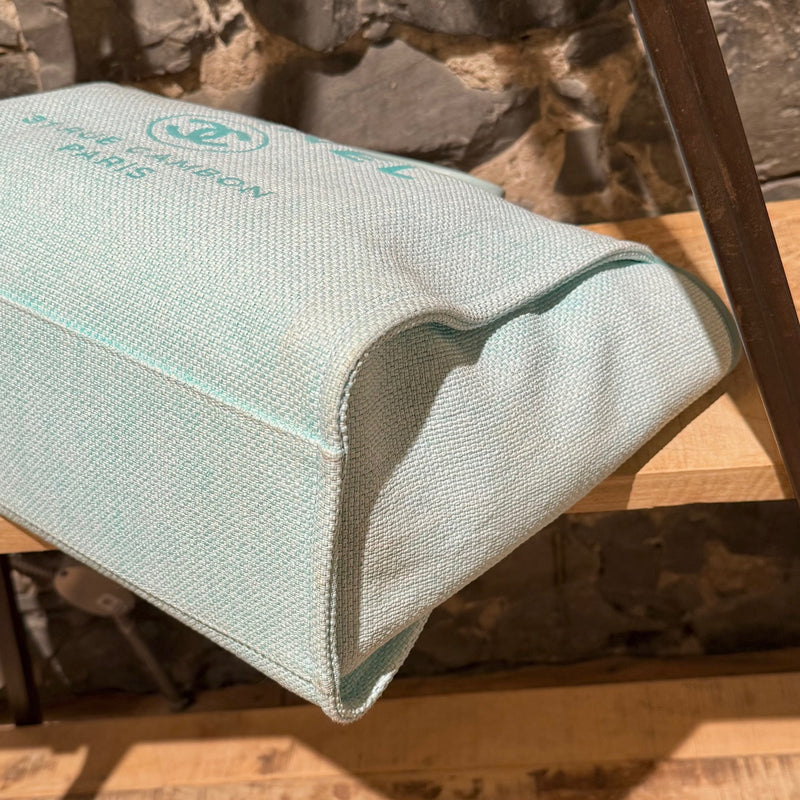 Chanel Turquoise Woven Straw Large Deauville Shopping Tote Bag