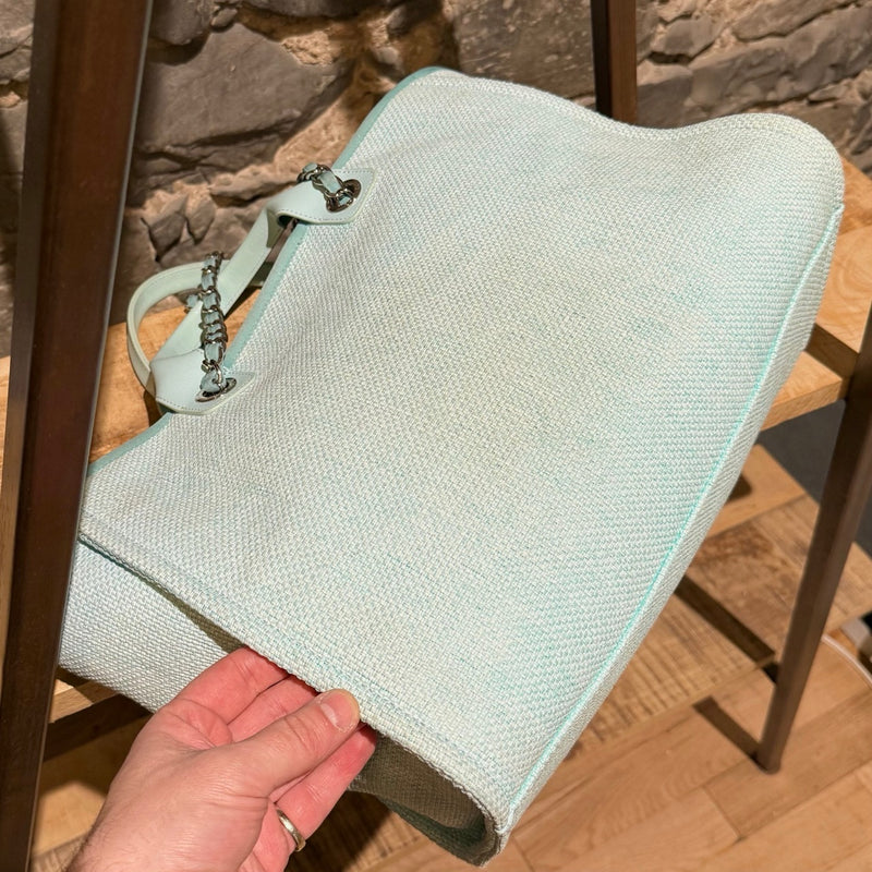 Chanel Turquoise Woven Straw Large Deauville Shopping Tote Bag