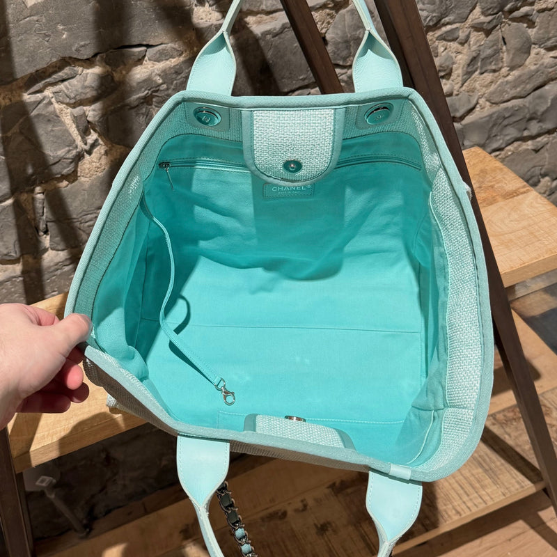 Chanel Turquoise Woven Straw Large Deauville Shopping Tote Bag