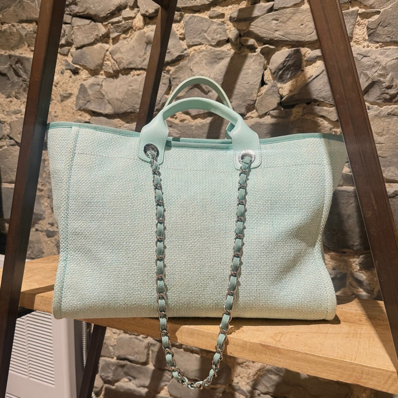 Chanel Turquoise Woven Straw Large Deauville Shopping Tote Bag