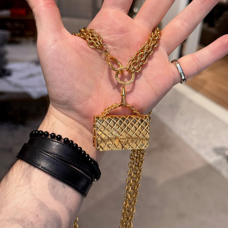 Chanel Vintage Gold Plated Bag Charm Triple Chains Necklace Belt