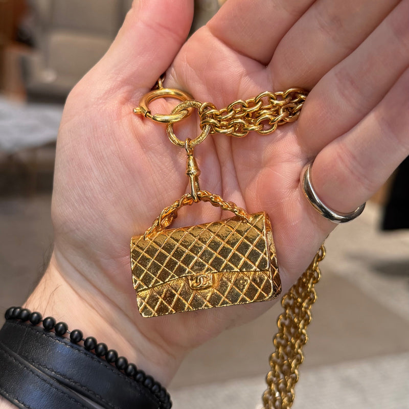 Chanel Vintage Gold Plated Bag Charm Triple Chains Necklace Belt