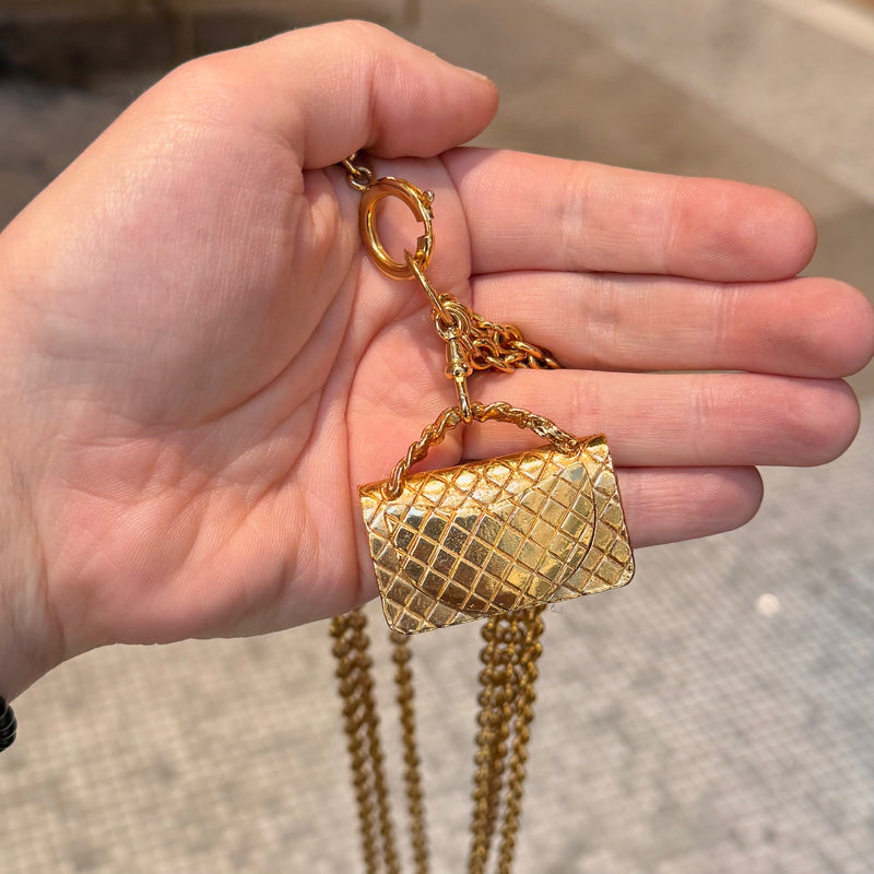 Chanel Vintage Gold Plated Bag Charm Triple Chains Necklace Belt