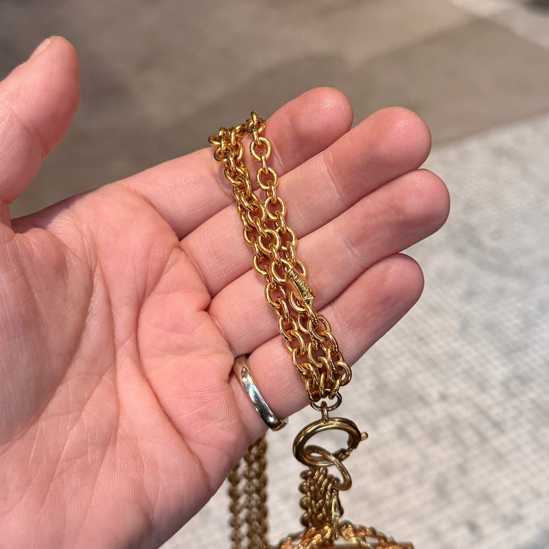 Chanel Vintage Gold Plated Bag Charm Triple Chains Necklace Belt