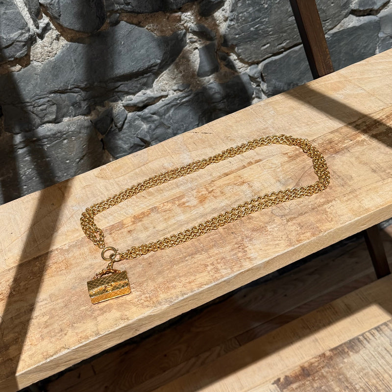 Chanel Vintage Gold Plated Bag Charm Triple Chains Necklace Belt