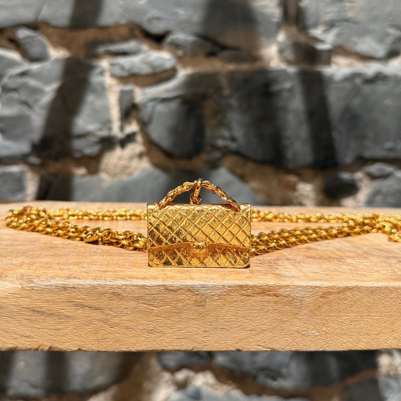 Chanel Vintage Gold Plated Bag Charm Triple Chains Necklace Belt