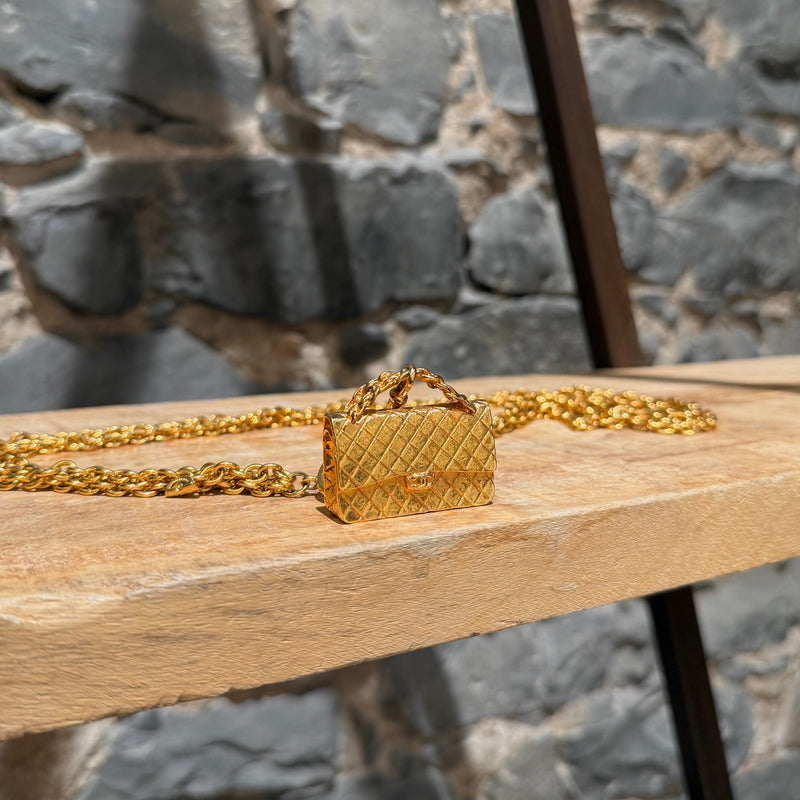 Chanel Vintage Gold Plated Bag Charm Triple Chains Necklace Belt