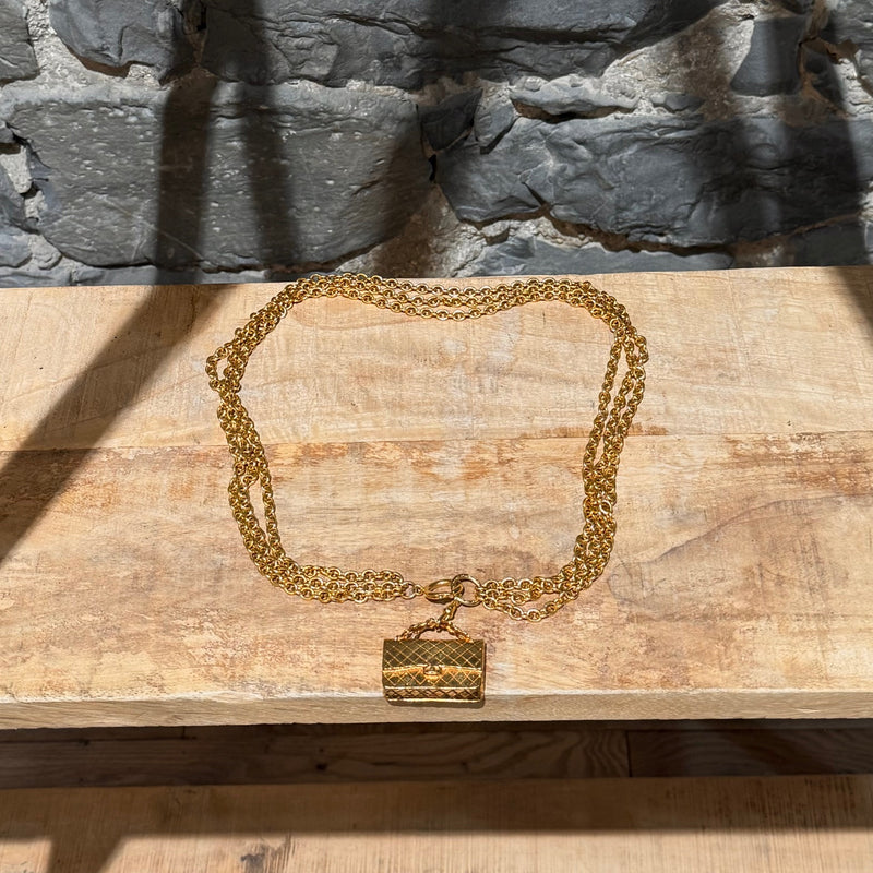 Chanel Vintage Gold Plated Bag Charm Triple Chains Necklace Belt