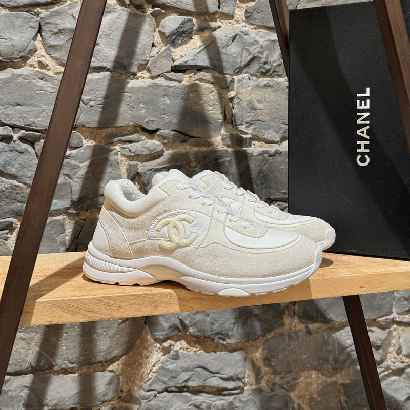 Chanel White Ivory Suede CC Reflective Low-top Sneakers