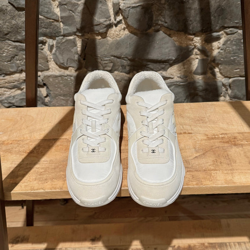 Chanel White Ivory Suede CC Reflective Low-top Sneakers