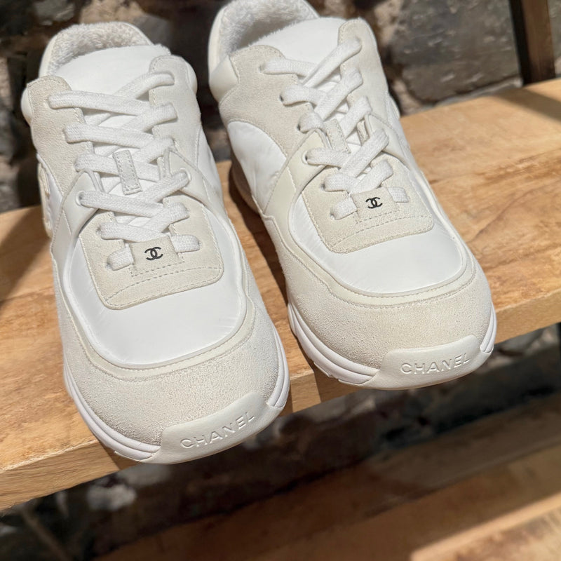 Chanel White Ivory Suede CC Reflective Low-top Sneakers