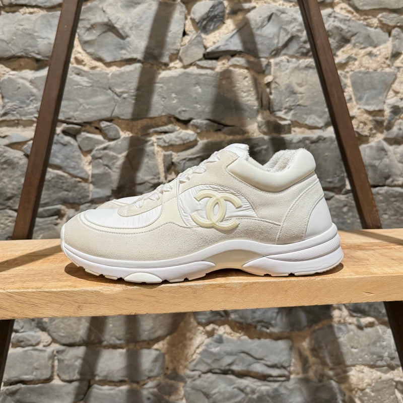 Chanel White Ivory Suede CC Reflective Low-top Sneakers