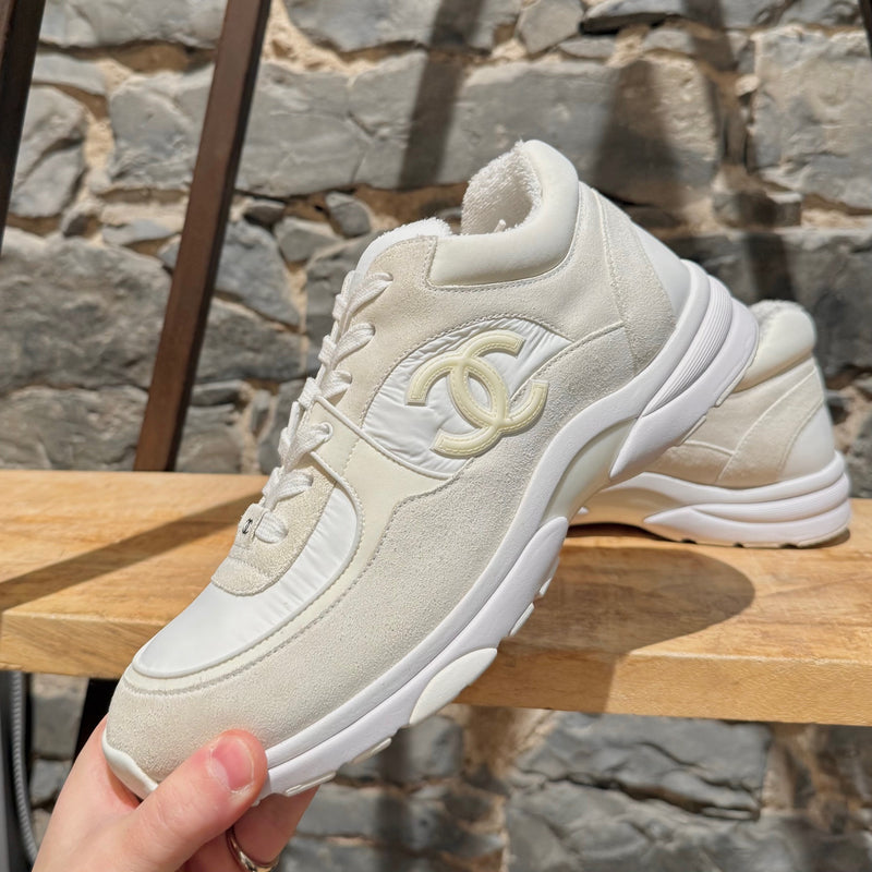 Chanel White Ivory Suede CC Reflective Low-top Sneakers