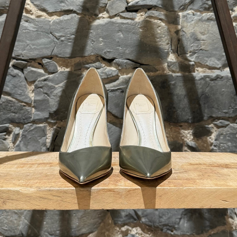 Christian Dior Metallic Gold Patent Songe Pointy Pumps