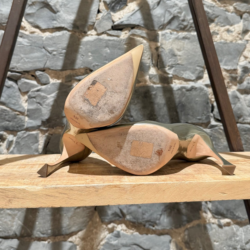 Christian Dior Metallic Gold Patent Songe Pointy Pumps