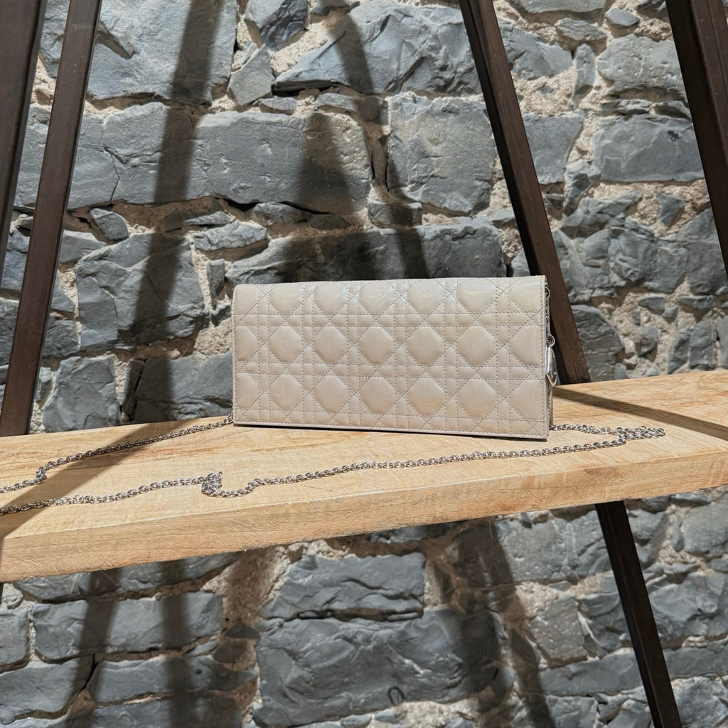 Christian Dior Pearl Grey Patent Cannage Chain Clutch