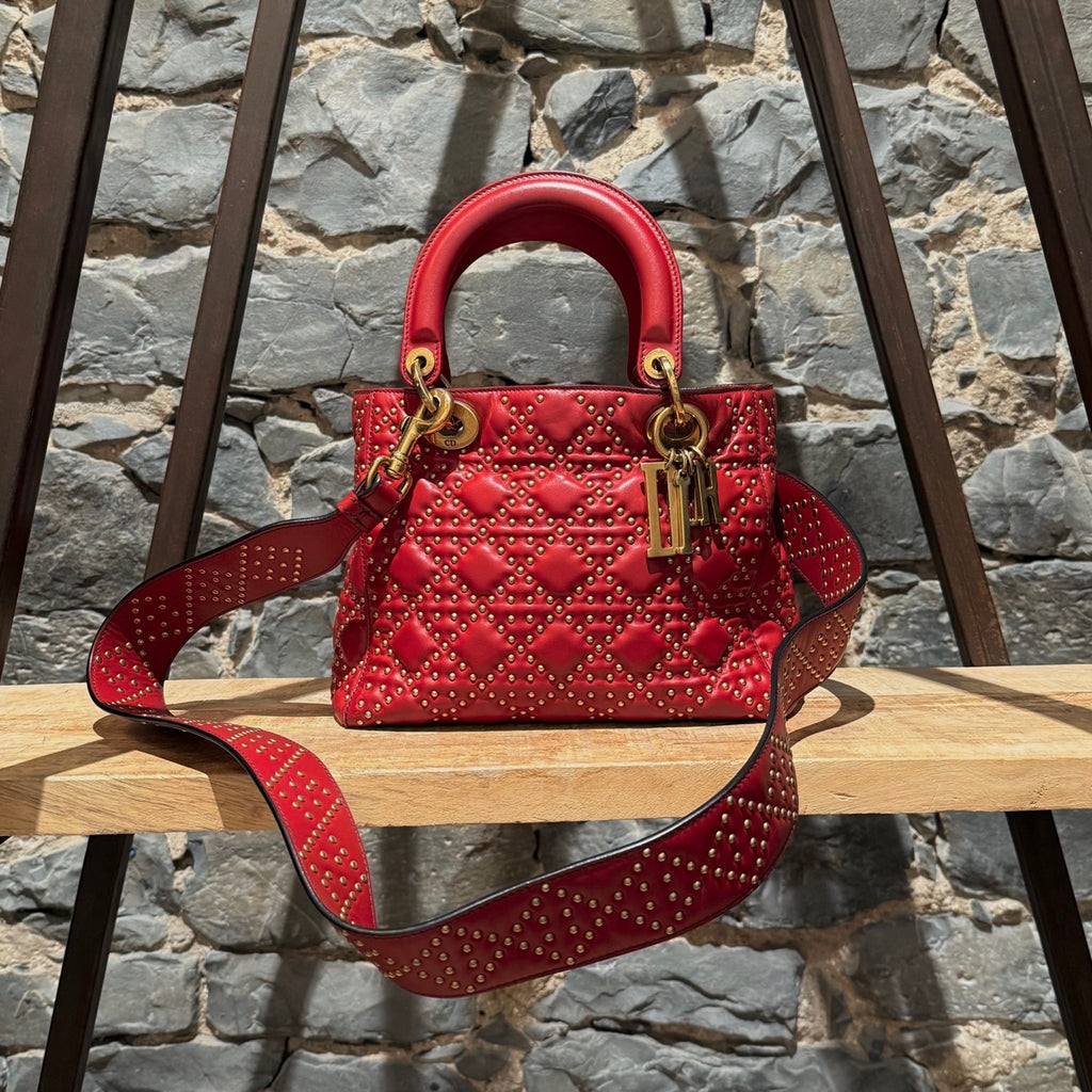 Christian Dior Red Leather Gold Studded Medium Lady Dior Bag