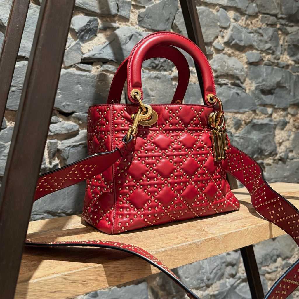 Christian Dior Red Leather Gold Studded Medium Lady Dior Bag