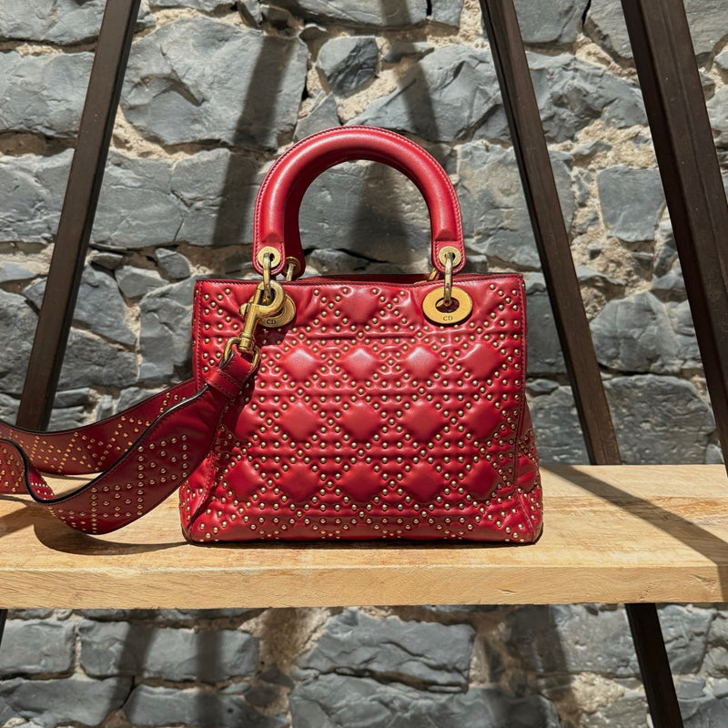 Christian Dior Red Leather Gold Studded Medium Lady Dior Bag