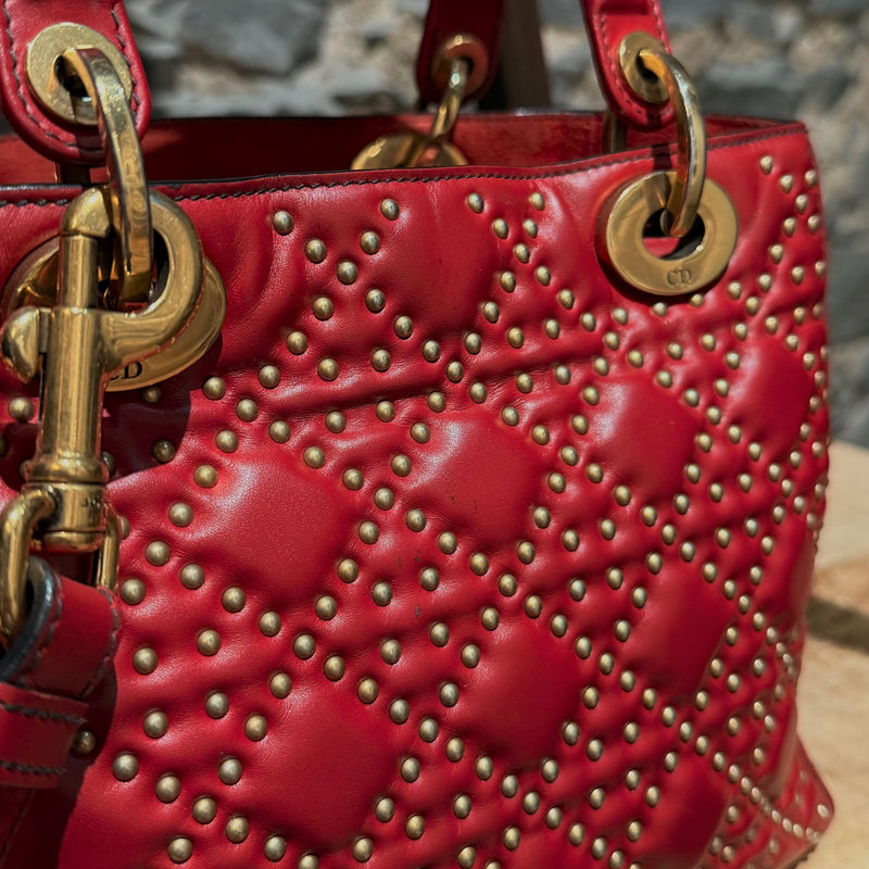 Christian Dior Red Leather Gold Studded Medium Lady Dior Bag