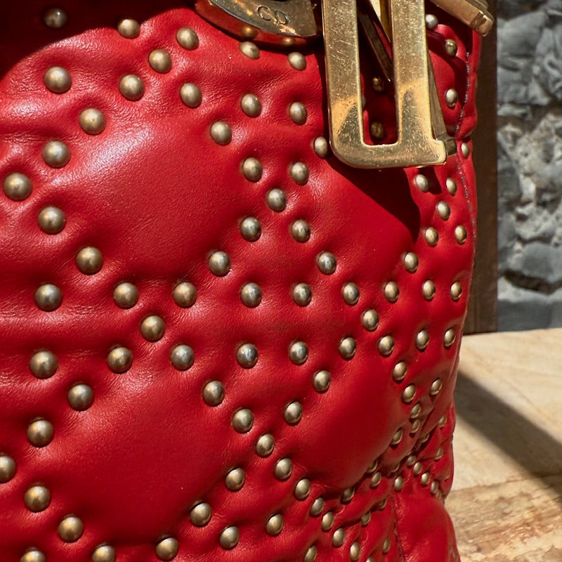 Christian Dior Red Leather Gold Studded Medium Lady Dior Bag