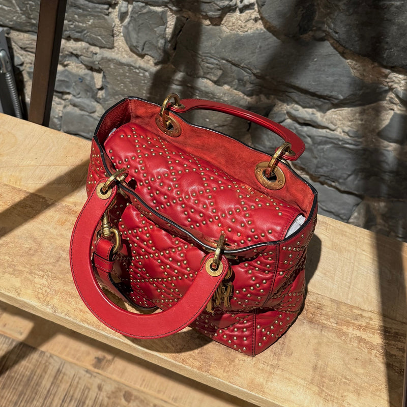 Christian Dior Red Leather Gold Studded Medium Lady Dior Bag