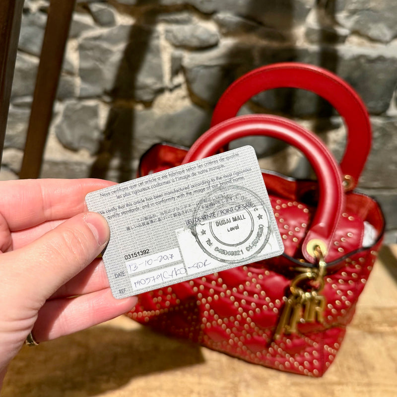 Christian Dior Red Leather Gold Studded Medium Lady Dior Bag