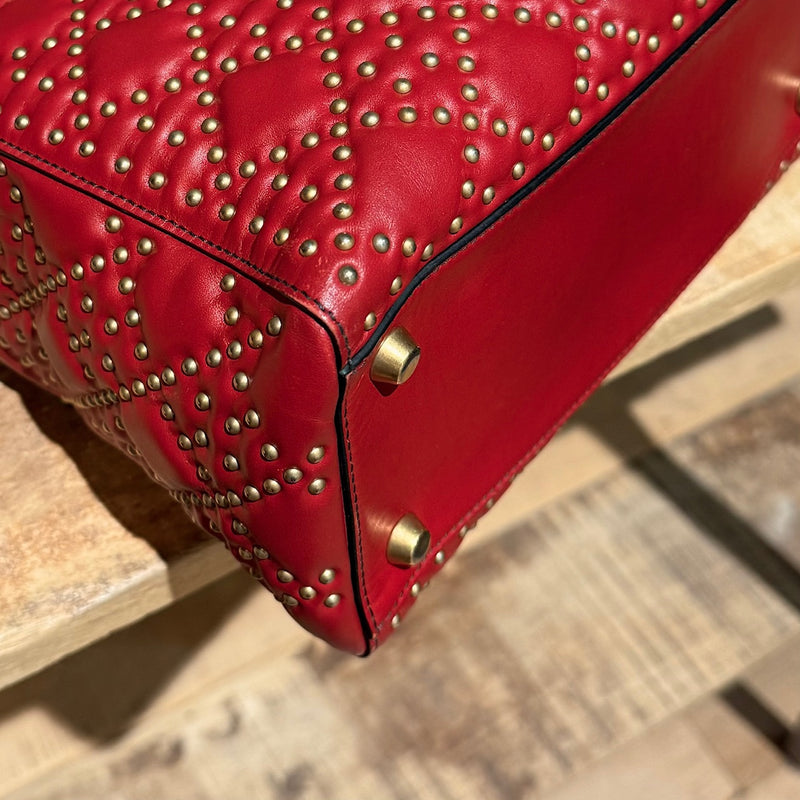 Christian Dior Red Leather Gold Studded Medium Lady Dior Bag