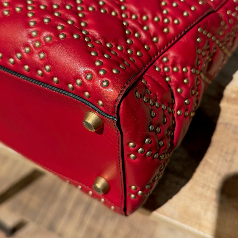 Christian Dior Red Leather Gold Studded Medium Lady Dior Bag