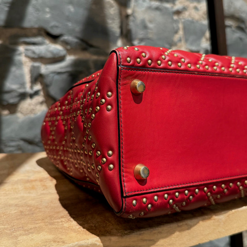 Christian Dior Red Leather Gold Studded Medium Lady Dior Bag