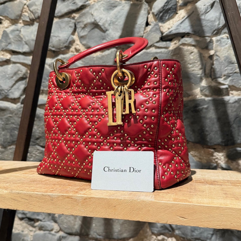 Christian Dior Red Leather Gold Studded Medium Lady Dior Bag