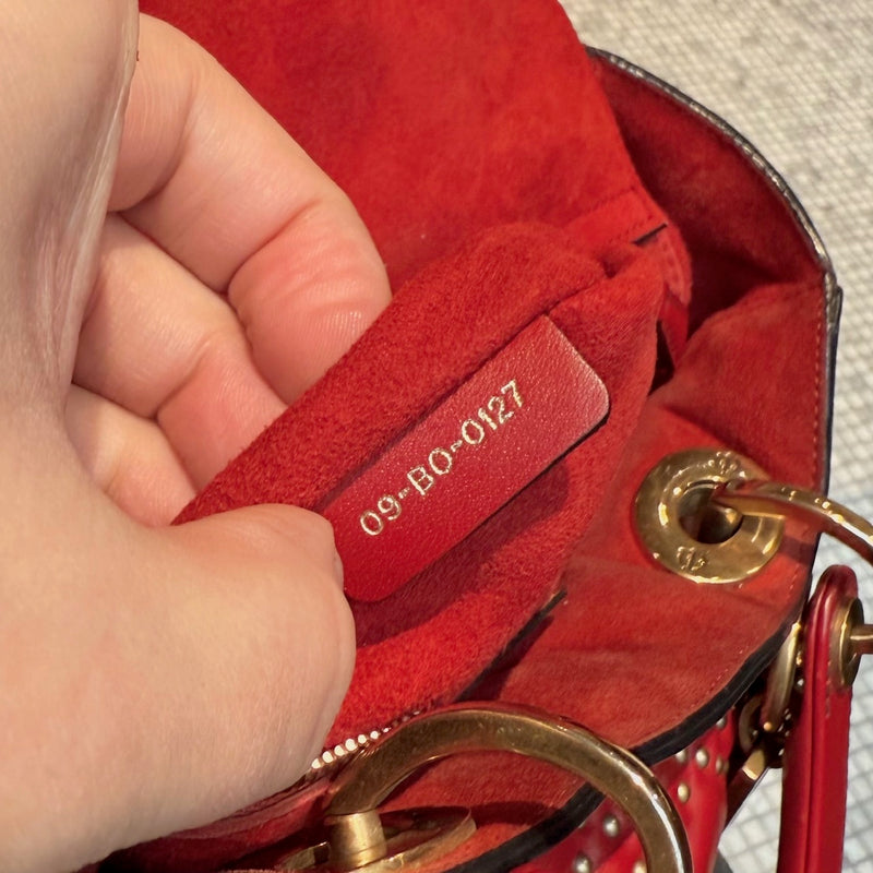 Christian Dior Red Leather Gold Studded Medium Lady Dior Bag