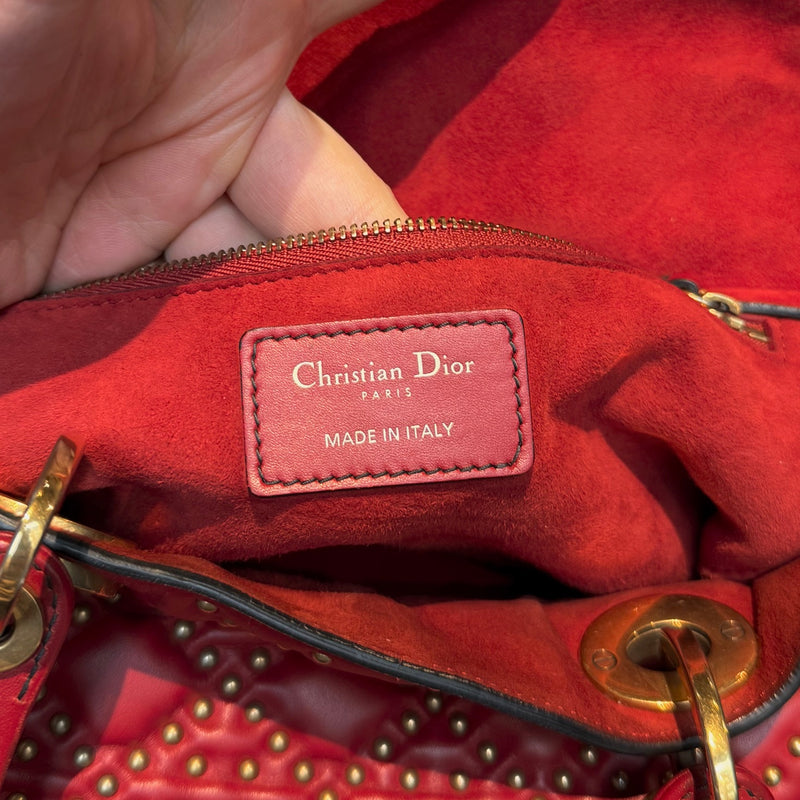 Christian Dior Red Leather Gold Studded Medium Lady Dior Bag