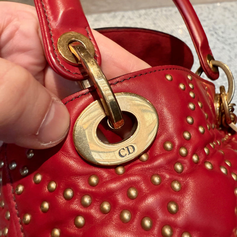 Christian Dior Red Leather Gold Studded Medium Lady Dior Bag