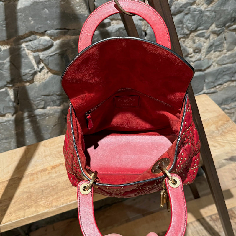 Christian Dior Red Leather Gold Studded Medium Lady Dior Bag