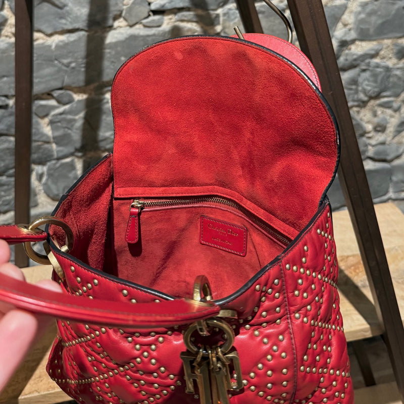 Christian Dior Red Leather Gold Studded Medium Lady Dior Bag