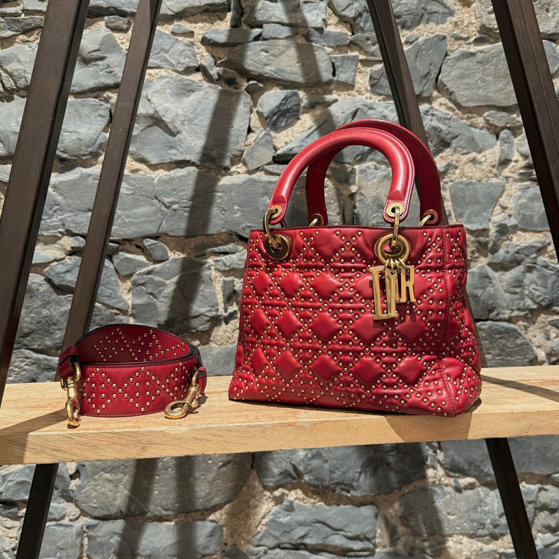 Christian Dior Red Leather Gold Studded Medium Lady Dior Bag