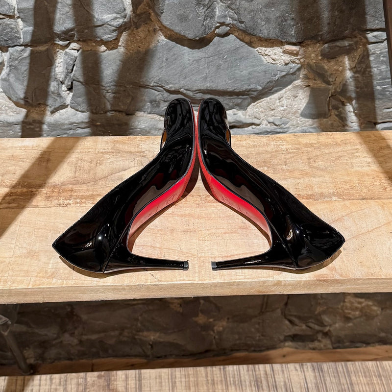 Side-by-side view of Christian Louboutin Black Patent Leather Simple Pumps 85 Heels