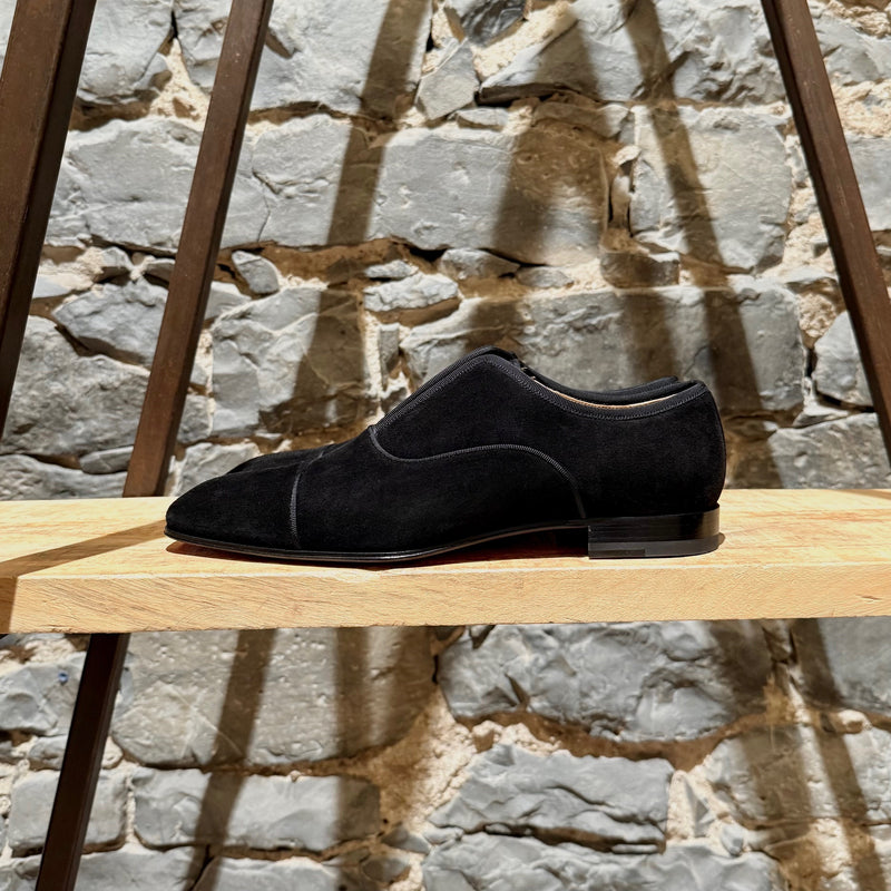 A side view of Christian Louboutin Black Suede Alpha Male Oxford Shoes
