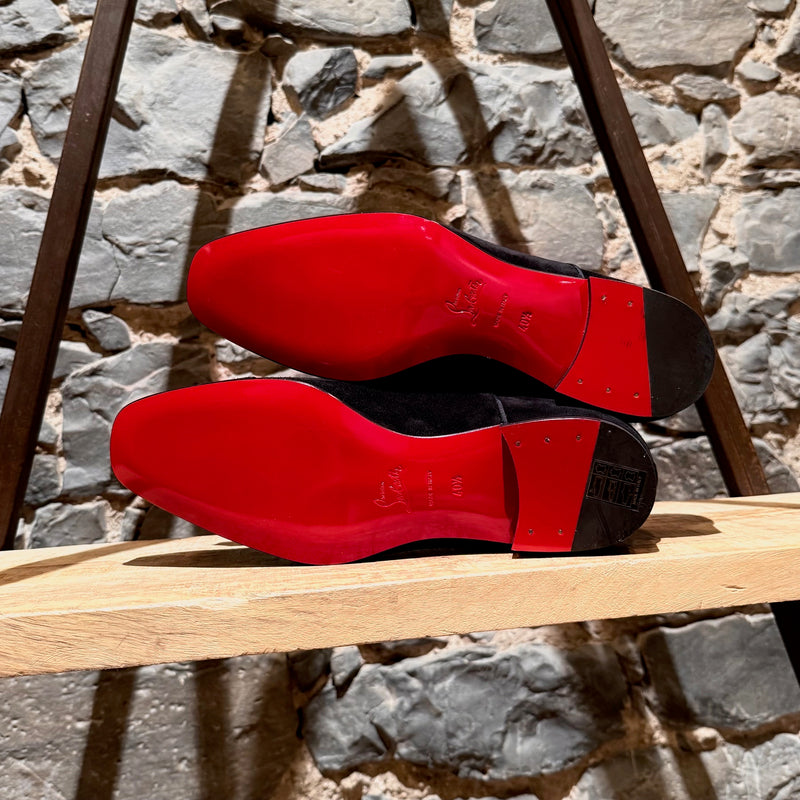 Branded outsole of Christian Louboutin Black Suede Alpha Male Oxford Shoes