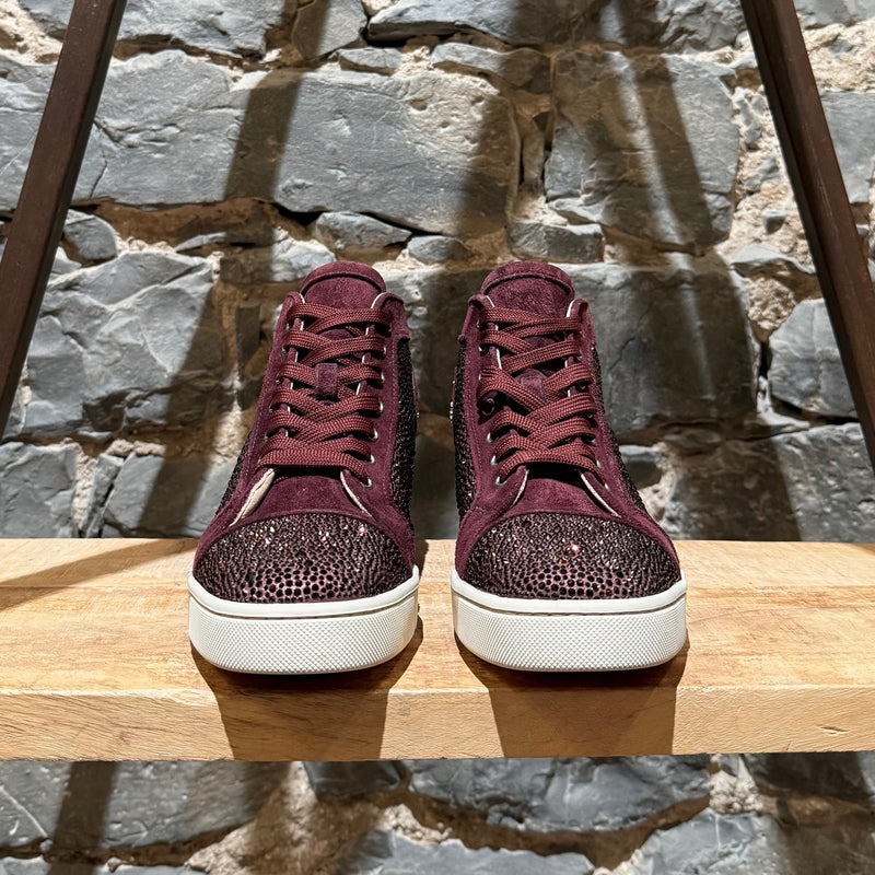 Front view of Christian Louboutin Burgundy Suede Louis Strass High-top Sneakers