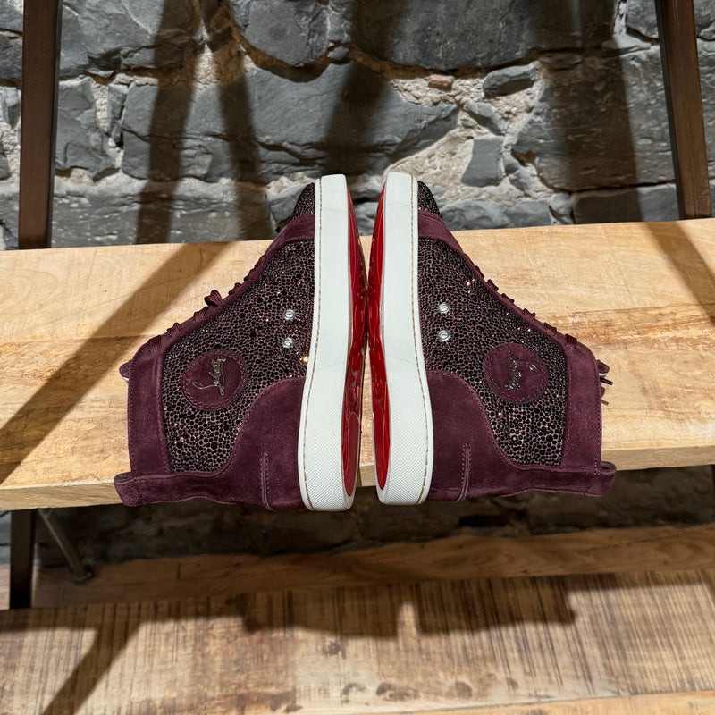 Side-by-side view of Christian Louboutin Burgundy Suede Louis Strass High-top Sneakers
