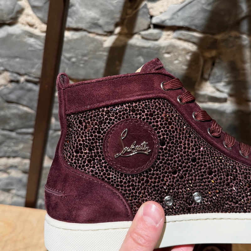 Brand detail on Christian Louboutin Burgundy Suede Louis Strass High-top Sneakers