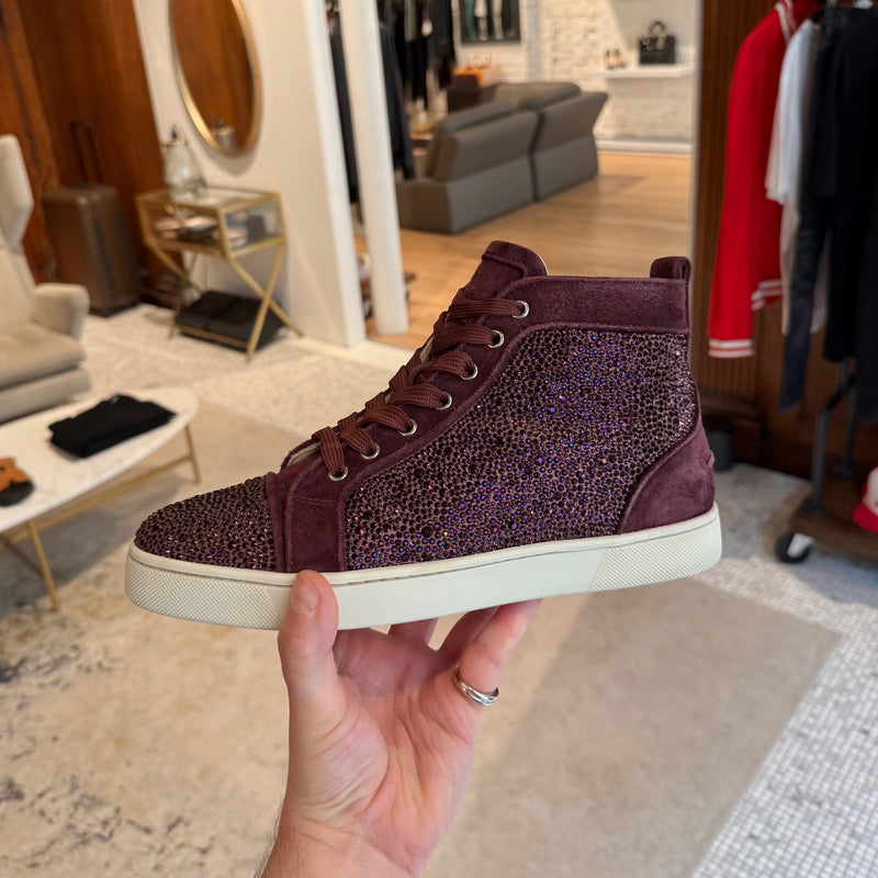 A side view of Christian Louboutin Burgundy Suede Louis Strass High-top Sneakers
