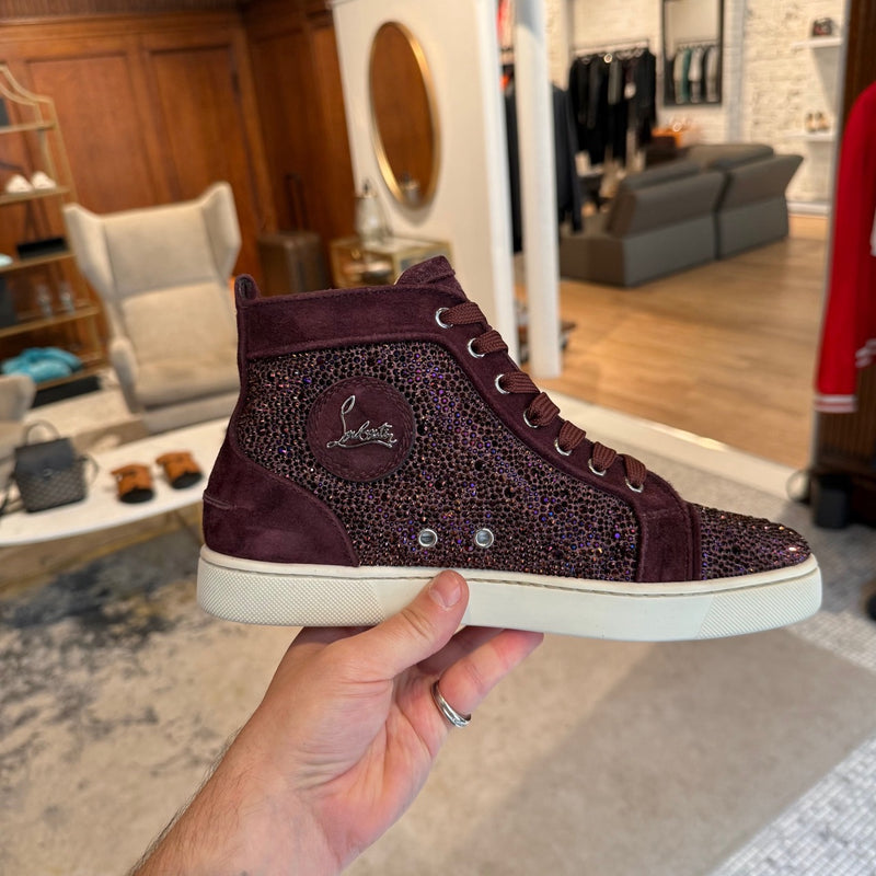 A side view of Christian Louboutin Burgundy Suede Louis Strass High-top Sneakers