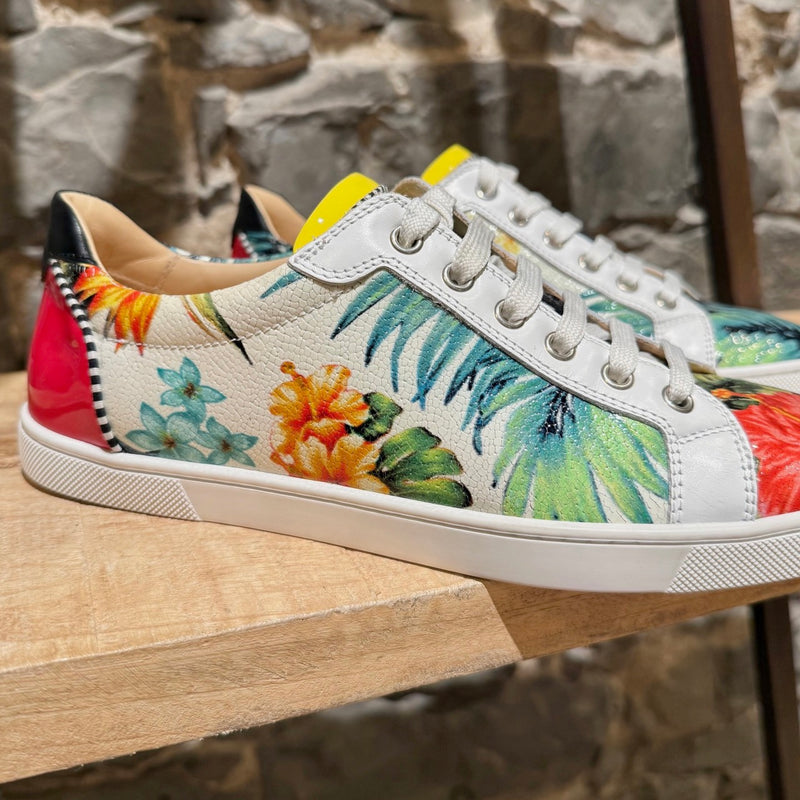 Close up on one side of Christian Louboutin Floral Patent Seava Low-Top Sneakers